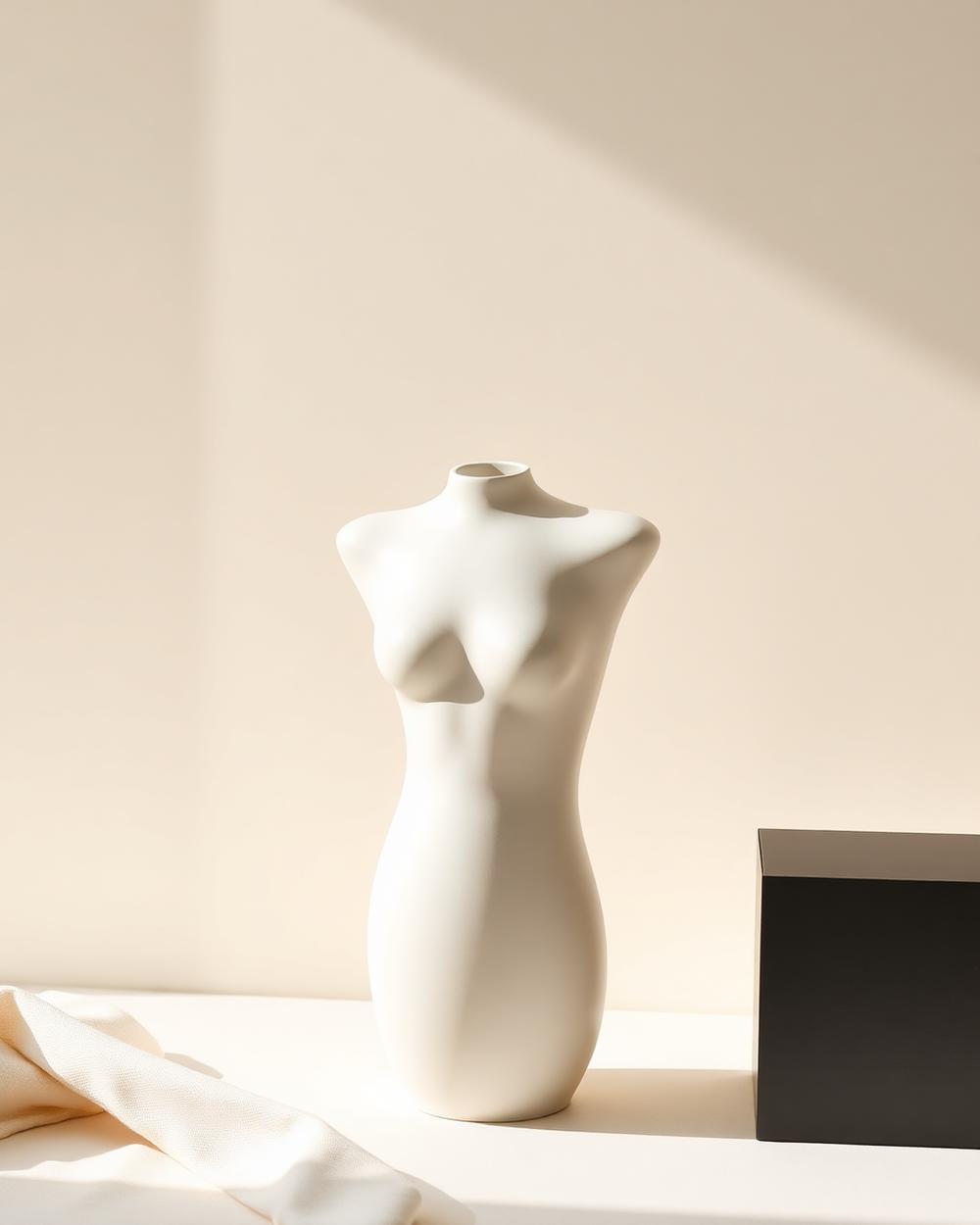 A matte ivory ceramic vase sculpted as a torso and clavicle