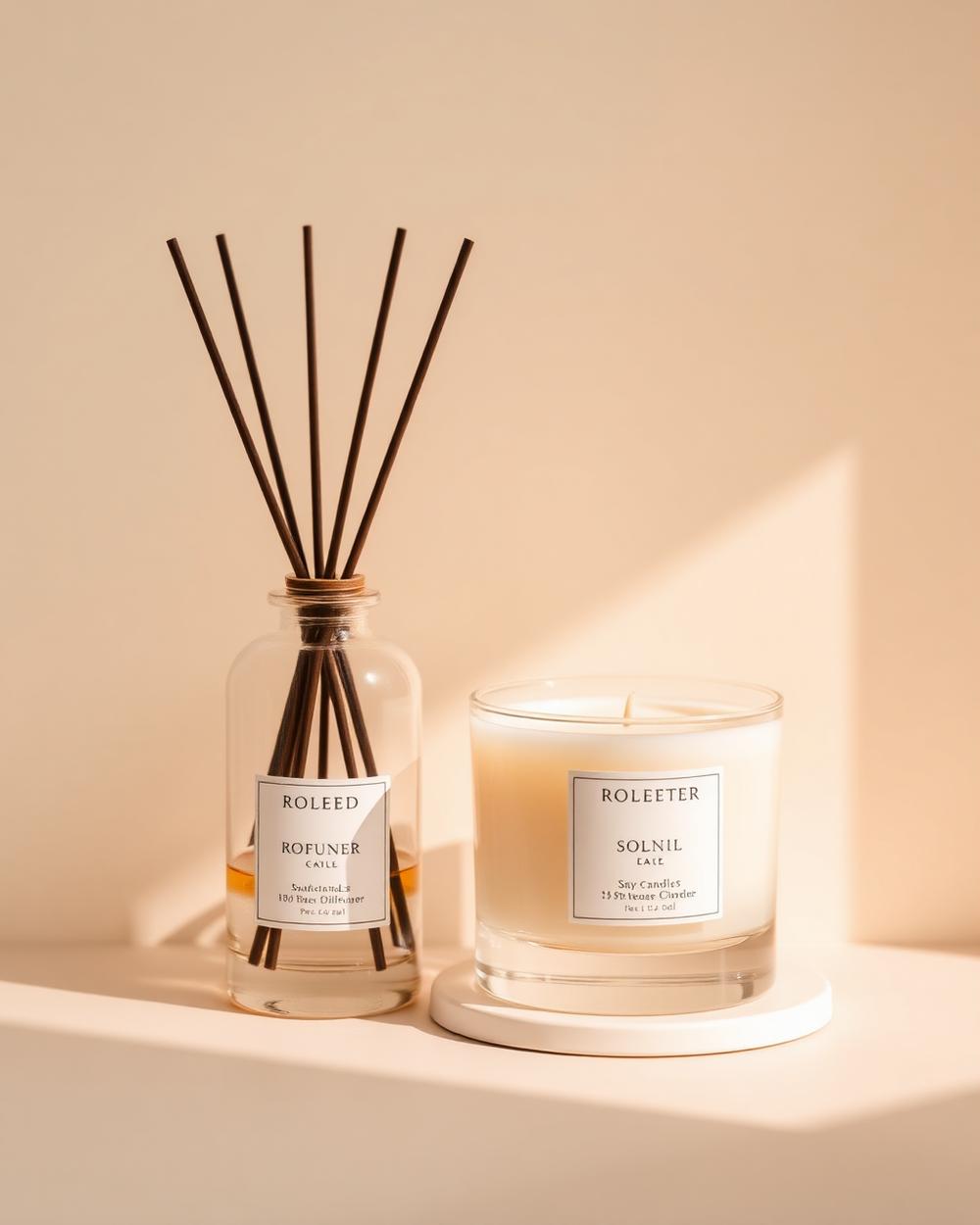 A reed diffuser and matching soy candle styled together on a pale surface