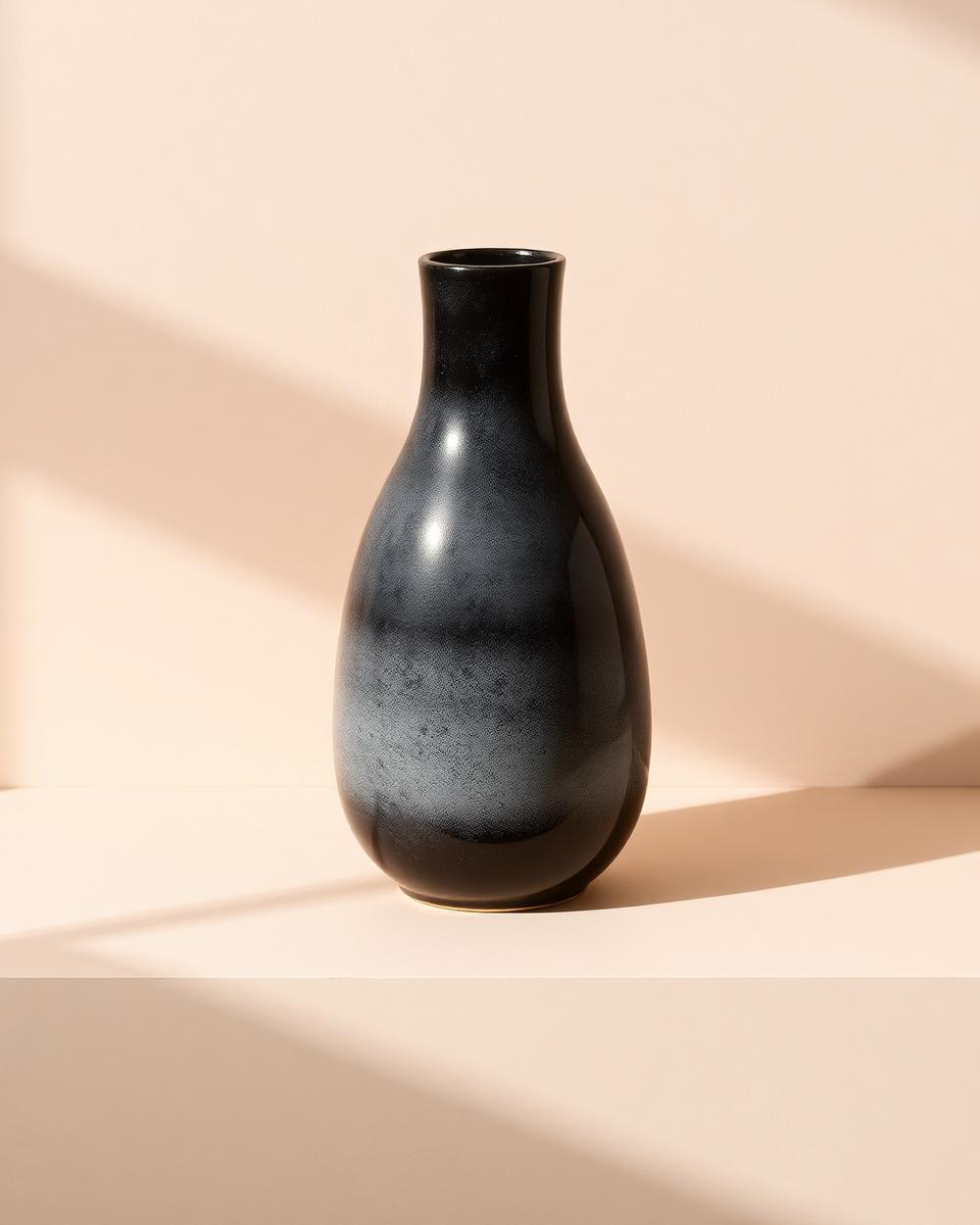 A frosted black glazed ceramic vase in soft daylight
