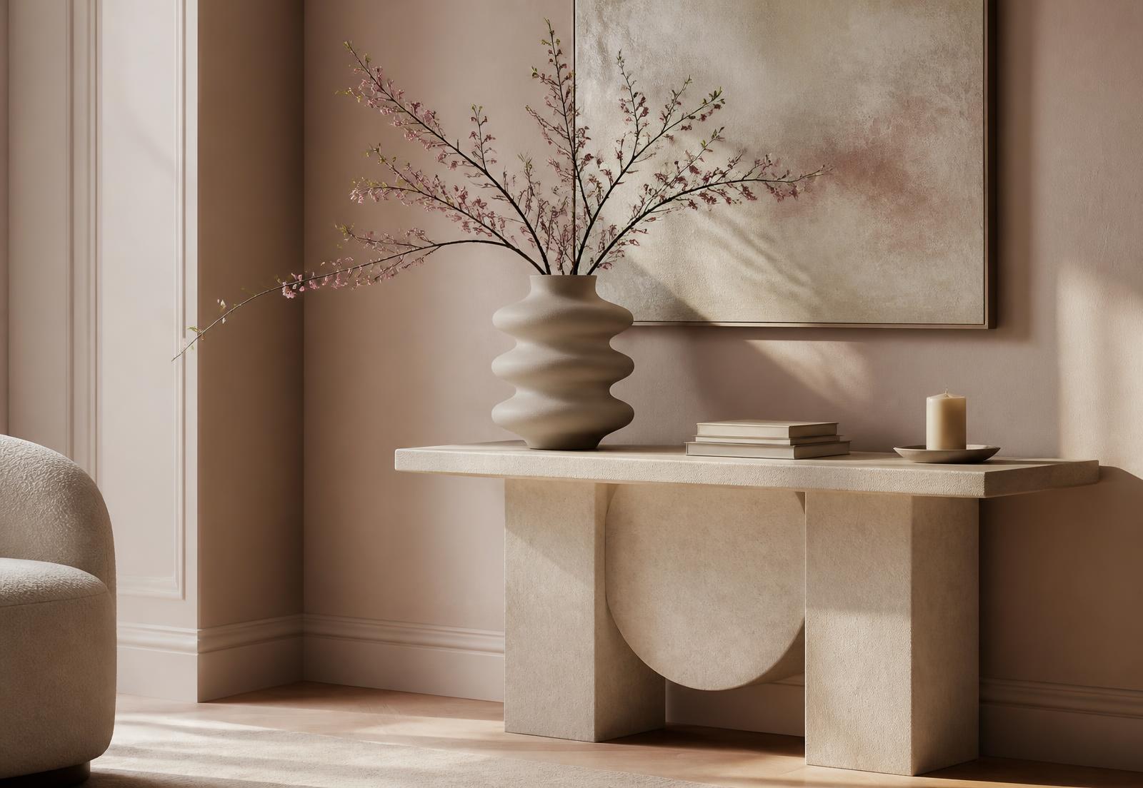 A styled console with a sculptural vase, books and a candle in a warm, softly lit room