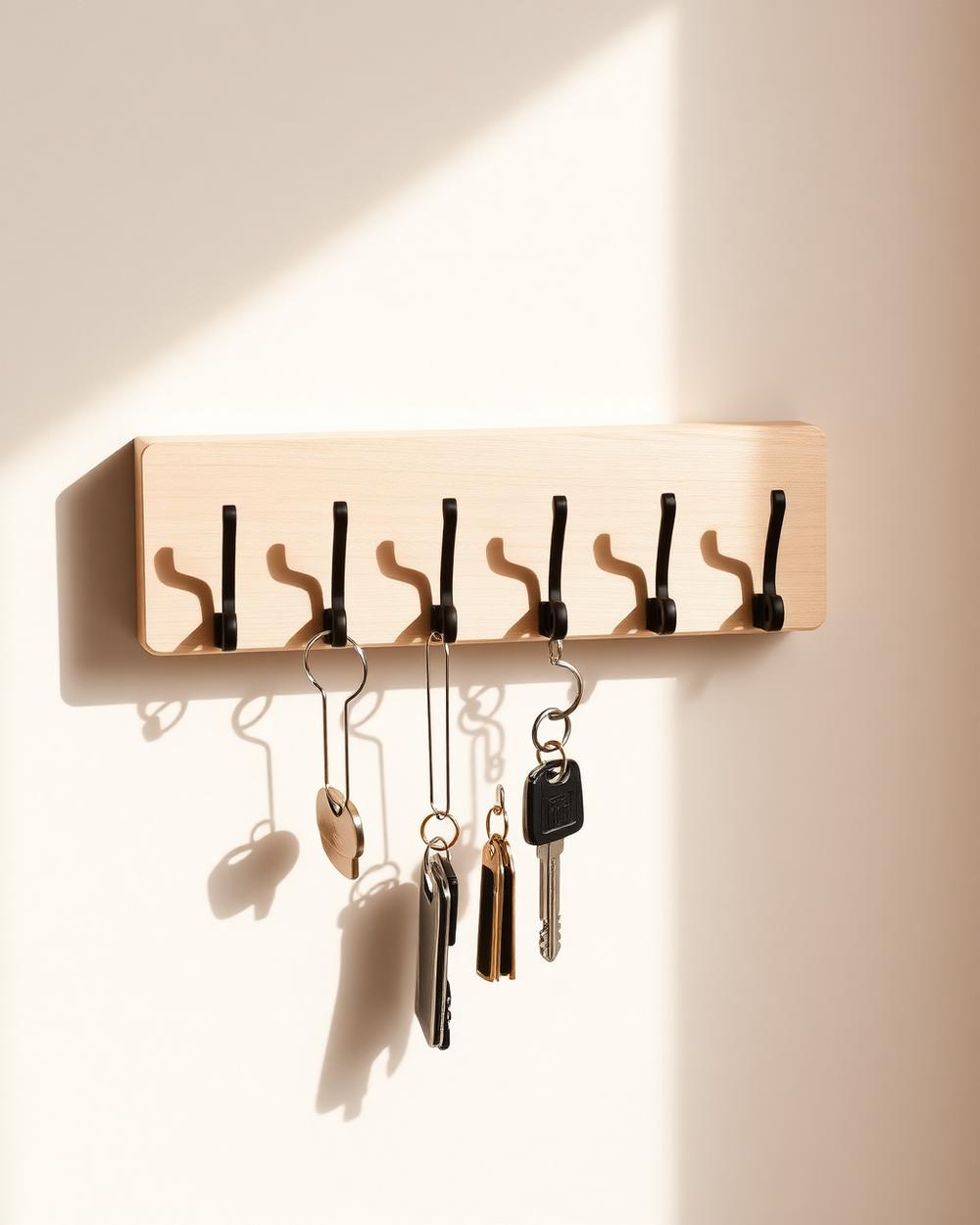 A minimal wall-mounted key holder in pale wood with keys hanging