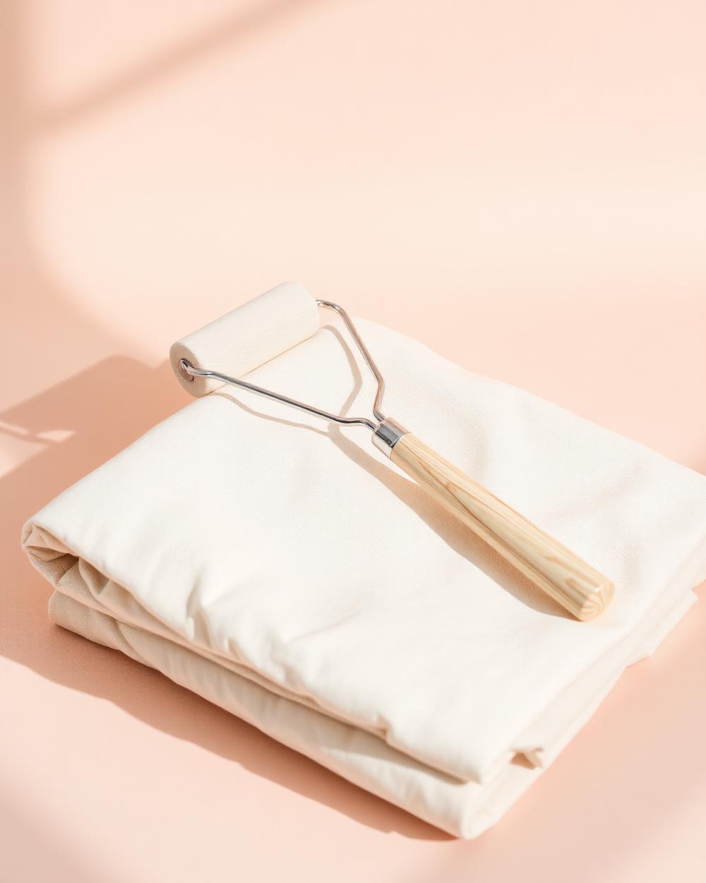 A wooden-handled lint roller resting on folded ivory linen
