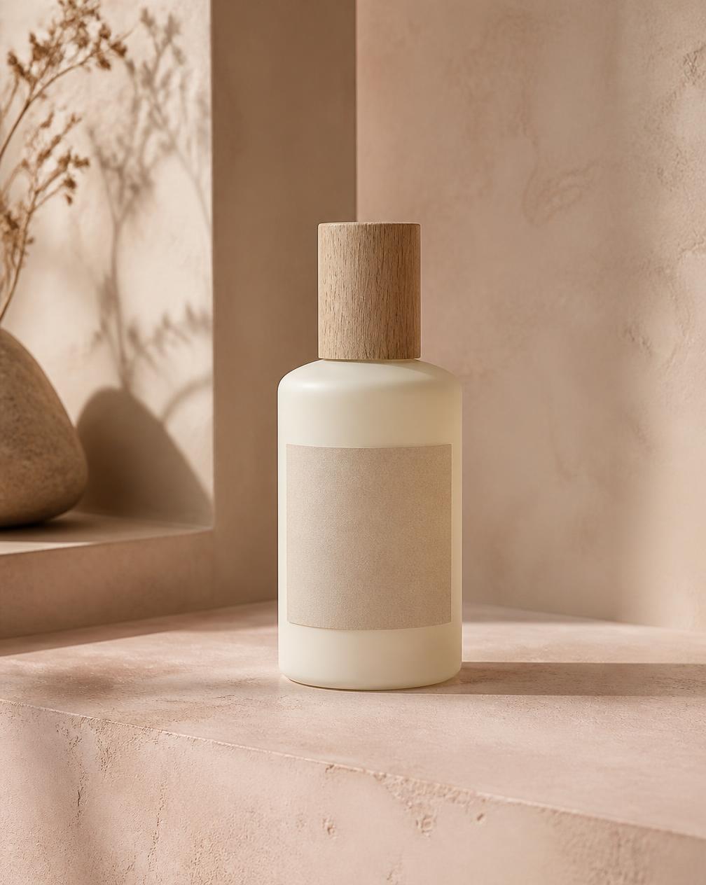 An ivory glass home fragrance bottle with a pale wooden cap on a blush surface