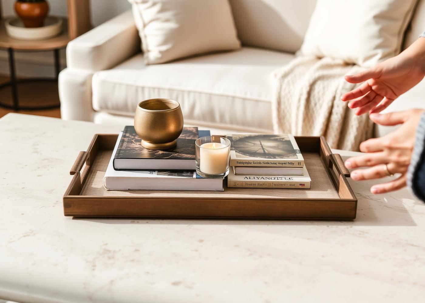 A tray styled with books, a candle and a small object on a coffee table